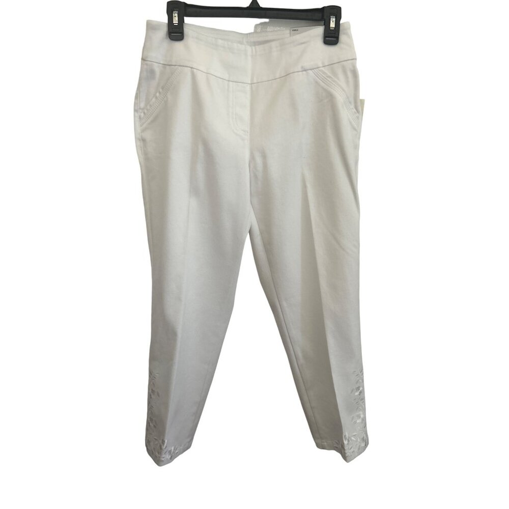 Alia White Floral Embroidered, Elastic Waist Ankle Pants, Size 10P